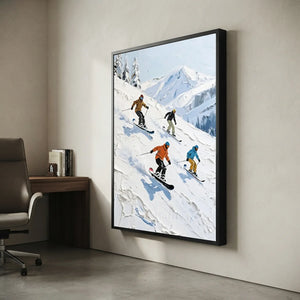Dynamic Skiers & Snowboarders Textured Oil Painting #NM639