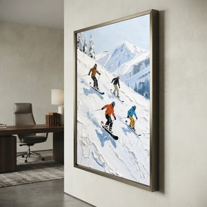 Dynamic Skiers & Snowboarders Textured Oil Painting #NM639