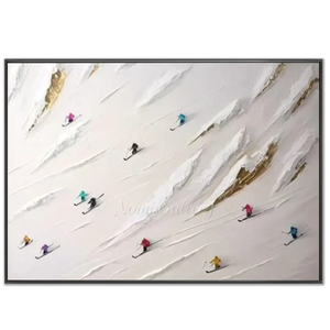 Vibrant Skiers on Golden Snow Peaks Textured Oil Painting #NM593