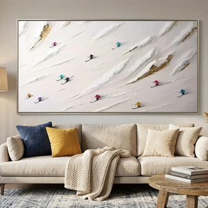 Vibrant Skiers on Golden Snow Peaks Textured Oil Painting #NM593