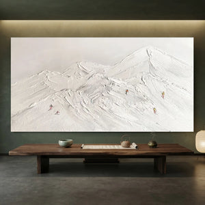 Textured Snowy Mountain Peaks with Skiers Wall Art #NM596