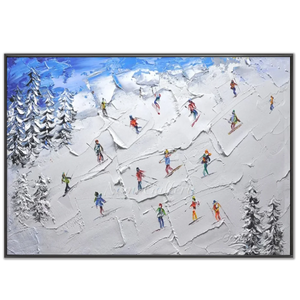 Vibrant Skiers Mountain Landscape Textured Oil Painting #NM598