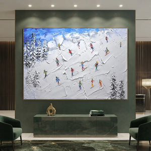 Vibrant Skiers Mountain Landscape Textured Oil Painting #NM598