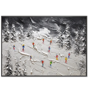 Textured Winter Ski Slope with Colorful Skiers Oil Painting #NM599