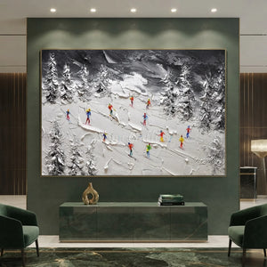Textured Winter Ski Slope with Colorful Skiers Oil Painting #NM599