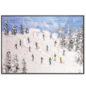 Joyful Skiers on Snowy Mountain Textured Oil Painting #NM600