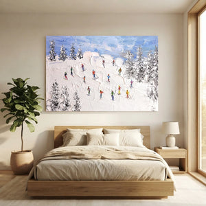 Joyful Skiers on Snowy Mountain Textured Oil Painting #NM600