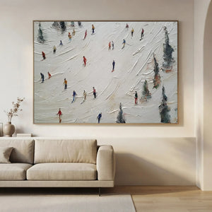 Textured Ski Slope Oil Painting with Vibrant Skiers #NM604
