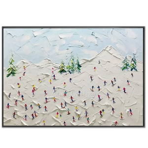 Joyful Skiers on Textured Mountain Slope Oil Painting #NM611