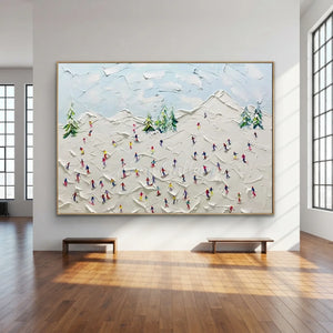 Joyful Skiers on Textured Mountain Slope Oil Painting #NM611