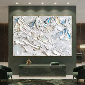 Dynamic Textured Snowy Mountain Peaks Skiers Oil Painting #NM612