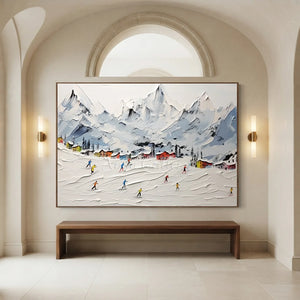 Textured Mountain Ski Slope Village Oil Painting #NM613