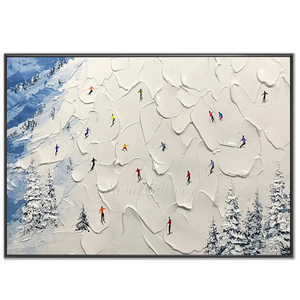 Vibrant Skiers on Snowy Mountain Textured Oil Painting #NM616