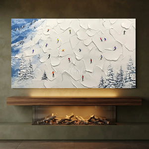 Vibrant Skiers on Snowy Mountain Textured Oil Painting #NM616