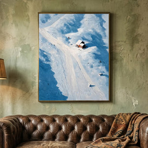 Serene Snowy Mountain Cabin Oil Painting #NM555