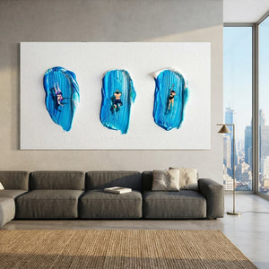 Textured Swimmers in Blue Strokes Handmade Art #NM684