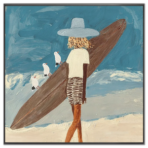Textured Beach Day Surfer with Seagulls Oil Painting #NM708