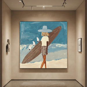 Textured Beach Day Surfer with Seagulls Oil Painting #NM708
