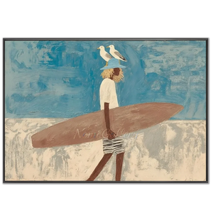 Coastal Wanderer: Surfer & Seagulls Textured Beach Art #NM686
