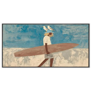 Coastal Wanderer: Surfer & Seagulls Textured Beach Art #NM686