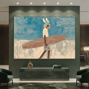 Coastal Wanderer: Surfer & Seagulls Textured Beach Art #NM686