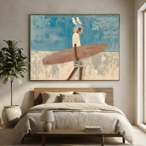 Coastal Wanderer: Surfer & Seagulls Textured Beach Art #NM686