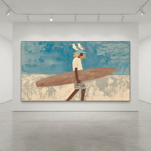 Coastal Wanderer: Surfer & Seagulls Textured Beach Art #NM686