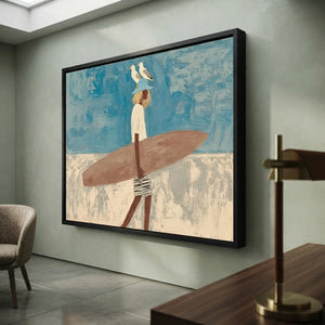 Coastal Wanderer: Surfer & Seagulls Textured Beach Art #NM686