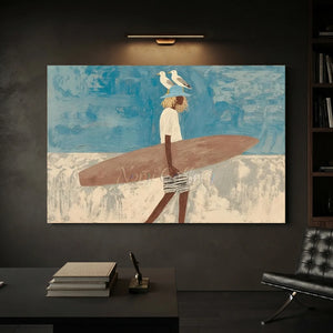 Coastal Wanderer: Surfer & Seagulls Textured Beach Art #NM686