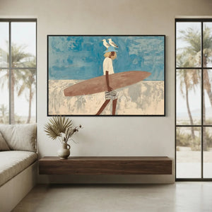 Coastal Wanderer: Surfer & Seagulls Textured Beach Art #NM686