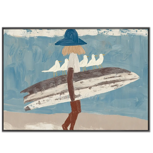 Coastal Serenity: Surfer & Seagulls Textured Oil Painting #NM687