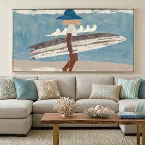 Coastal Serenity: Surfer & Seagulls Textured Oil Painting #NM687