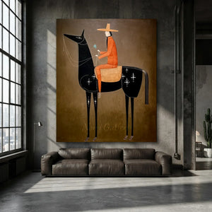Hand-painted surrealist oil painting on canvas featuring a tangerine-suited rider on a stylized starry black horse, set against a sepia-brown background, displayed in a modern hallway.