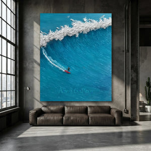 Dynamic Surfer on Crashing Wave Textured Oil Painting #NM736