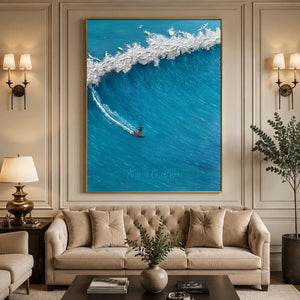 Dynamic Surfer on Crashing Wave Textured Oil Painting #NM736