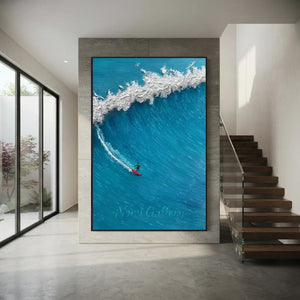 Dynamic Surfer on Crashing Wave Textured Oil Painting #NM736