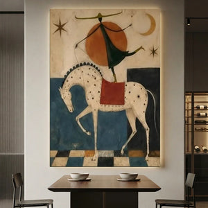 Hand-painted surrealist oil painting on canvas featuring an acrobat balancing on a spotted horse beneath stars and a glowing sun, displayed in an elegant interior setting.