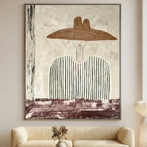 100% handmade modern minimalist woman oil painting with neutral tones and textured stripes, displayed as luxury wall decor in an art corridor by Savy Canvas.