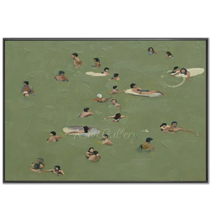 Relaxing Swimmers in Green Water Textured Oil Painting #NM695