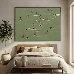 Relaxing Swimmers in Green Water Textured Oil Painting #NM695