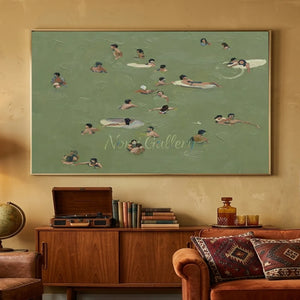Relaxing Swimmers in Green Water Textured Oil Painting #NM695