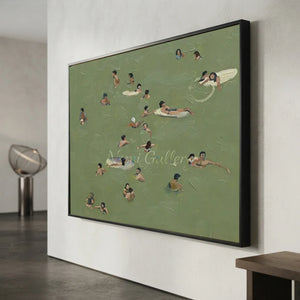 Relaxing Swimmers in Green Water Textured Oil Painting #NM695