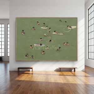Relaxing Swimmers in Green Water Textured Oil Painting #NM695