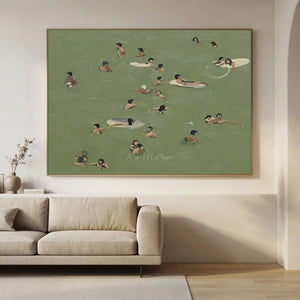 Relaxing Swimmers in Green Water Textured Oil Painting #NM695