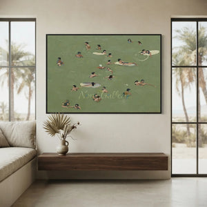 Relaxing Swimmers in Green Water Textured Oil Painting #NM695