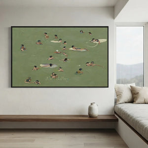 Relaxing Swimmers in Green Water Textured Oil Painting #NM695