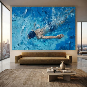 Dynamic Swimmer Textured Oil Painting - Blue Water Art #NM697