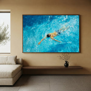 Dynamic Swimmer in Textured Blue Water Oil Painting #NM698
