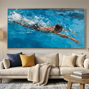 Vibrant Blue Pool Swimmer Handmade Oil Painting #NM700