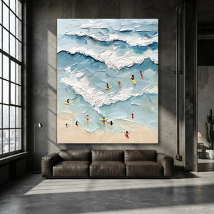 Serene Textured Ocean Waves & Beach Life Impasto Art #NM739